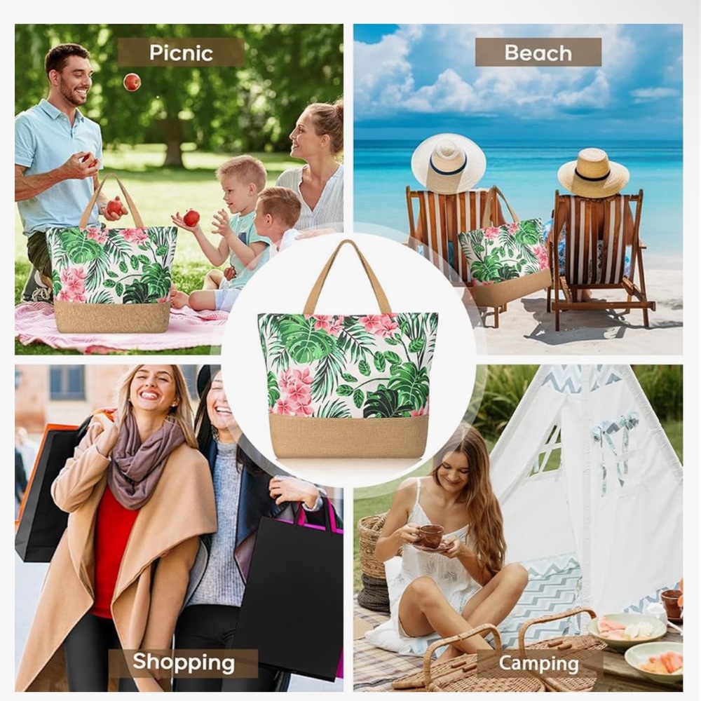Beach Bag for Women, Large Beach Tote with Zipper, Woven Straw Tote Waterproof, - Picture 7 of 8